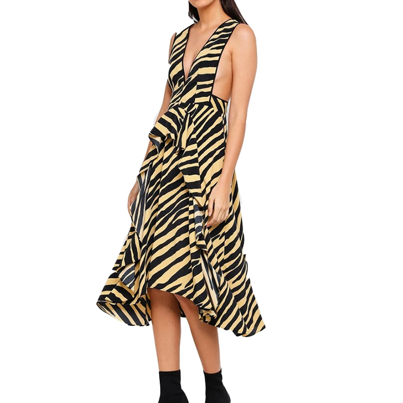 

2019 New Fashion Ruffle Backless Sexy Satin Zebra Dress Women Party Summer Apparel, N/a