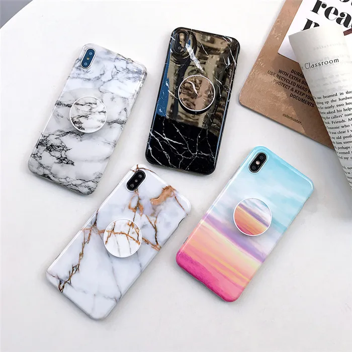 IMD Soft TPU Marble with Holder Stand Mobile Phone Back Cover Case for iPhone 11 Pro XS MAX XR X 8 7 6 Plus
