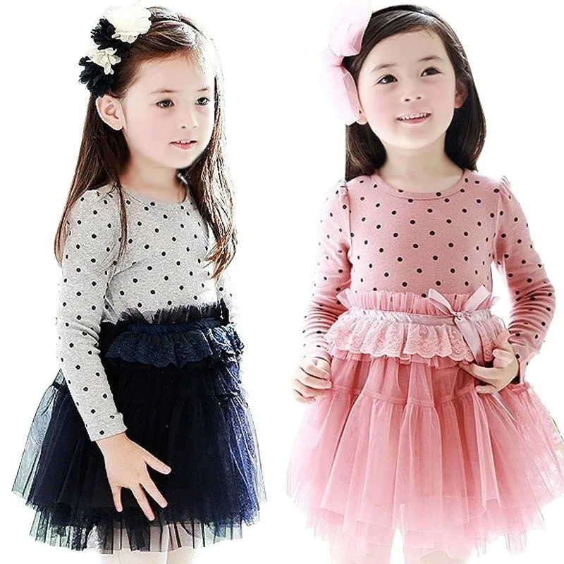 

Hot Sale Children Girl Latest Designs Long Sleeve Polka Dot Evening Dress