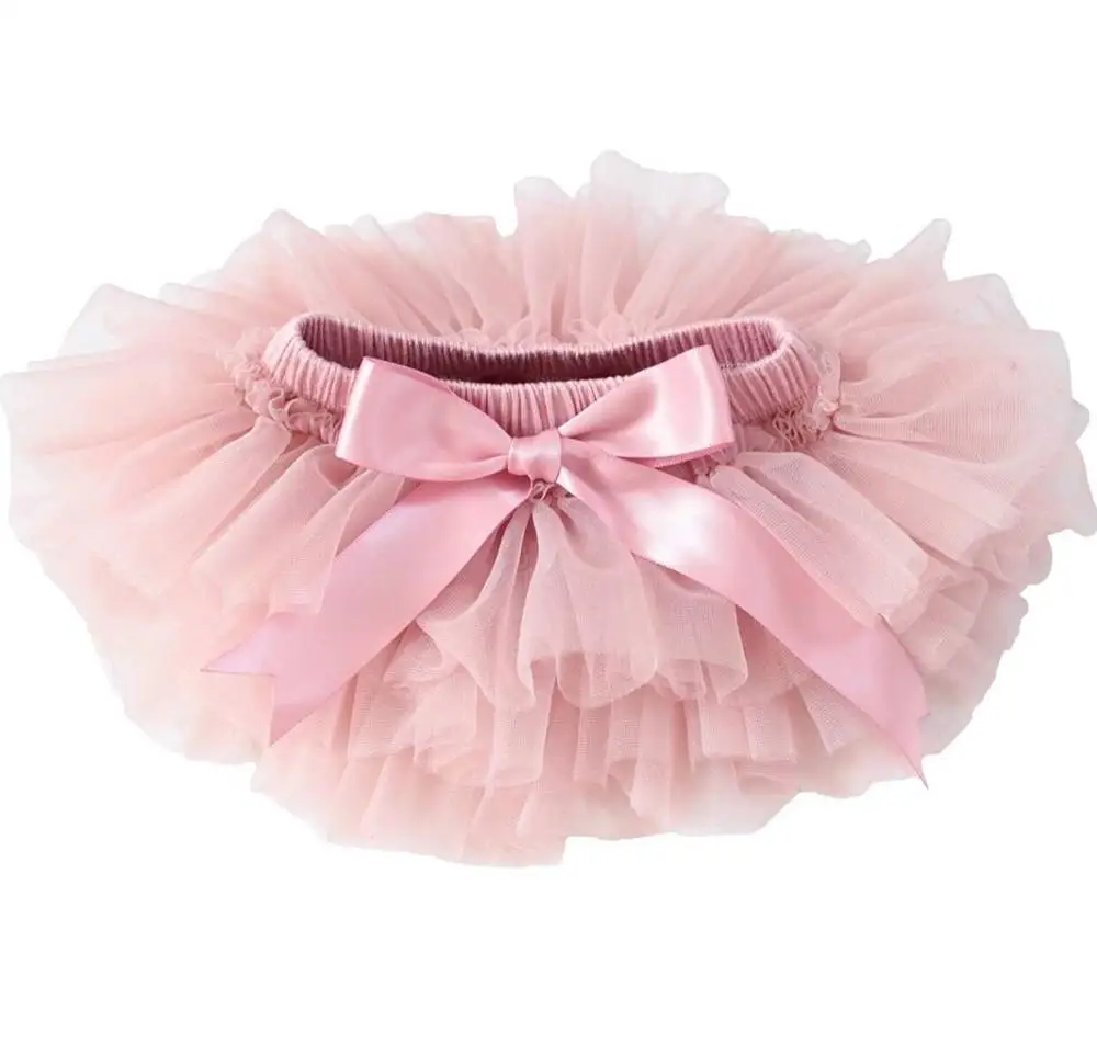 Latest design fancy solid color posh bowknot elastic girls wholesale dusty pink chiffon around ruffle baby tutu bloomers
