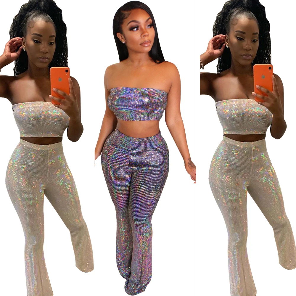Fashion Stylish Sequined Strapless Crop Top And Long Flare Pants Sexy Women Club Suit Two Piece Pants Set