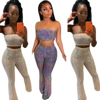 

Fashion Stylish Sequined Strapless Crop Top And Long Flare Pants Sexy Women Club Suit Two Piece Pants Set