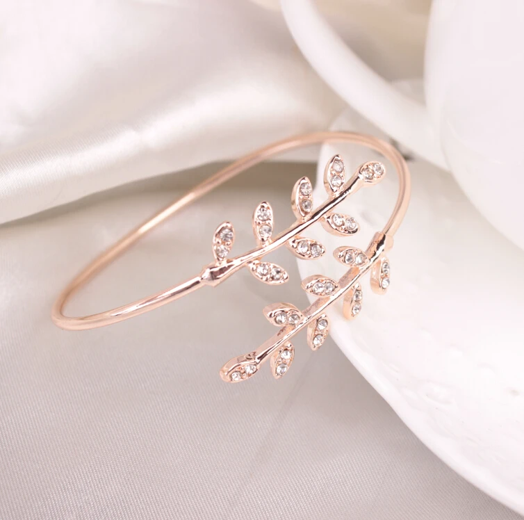 

New Korean fashion leaf bangle bracelet diamond open adjustable bracelet jewelry, Silver/gold/rose gold