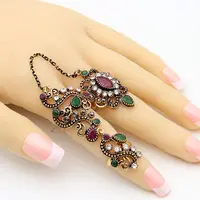 

Vintage Flower Turkish Rings Adjustable Size Women Colorful Resin Antique Gold Jewelry Link Two Fingers Ring Festival Anillos