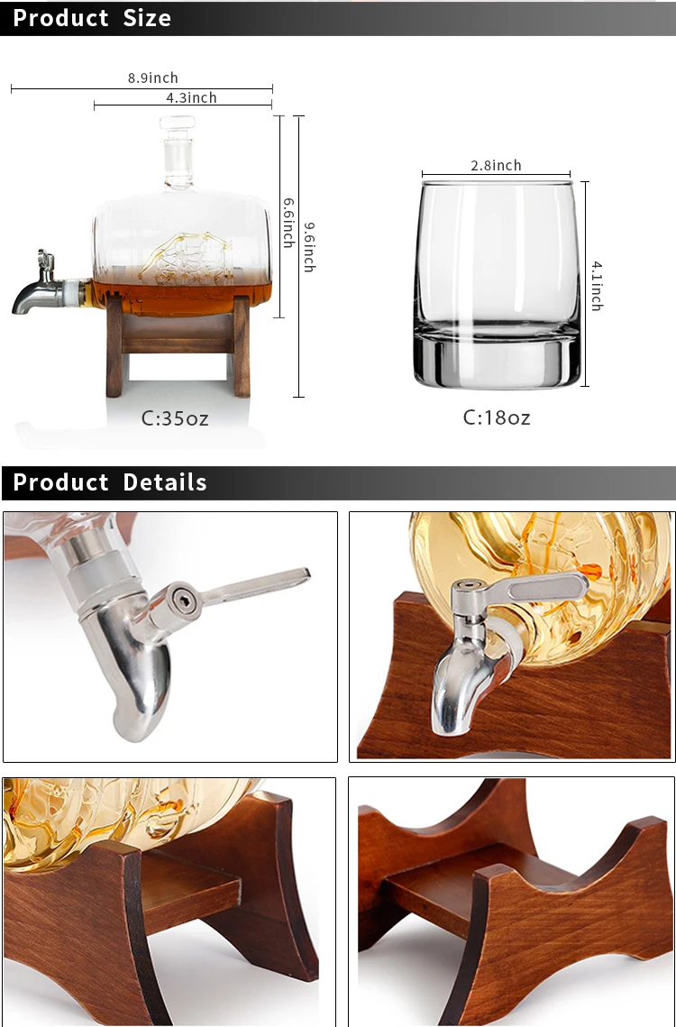 35oz Sailing Boat Barrel Liquor Whiskey Decanter With Stainless Steel