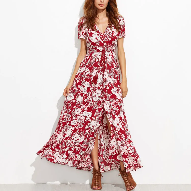 2018 New Fashion Rayon Floral Print Ladies Sexy Summer Long Maxi Dress ...