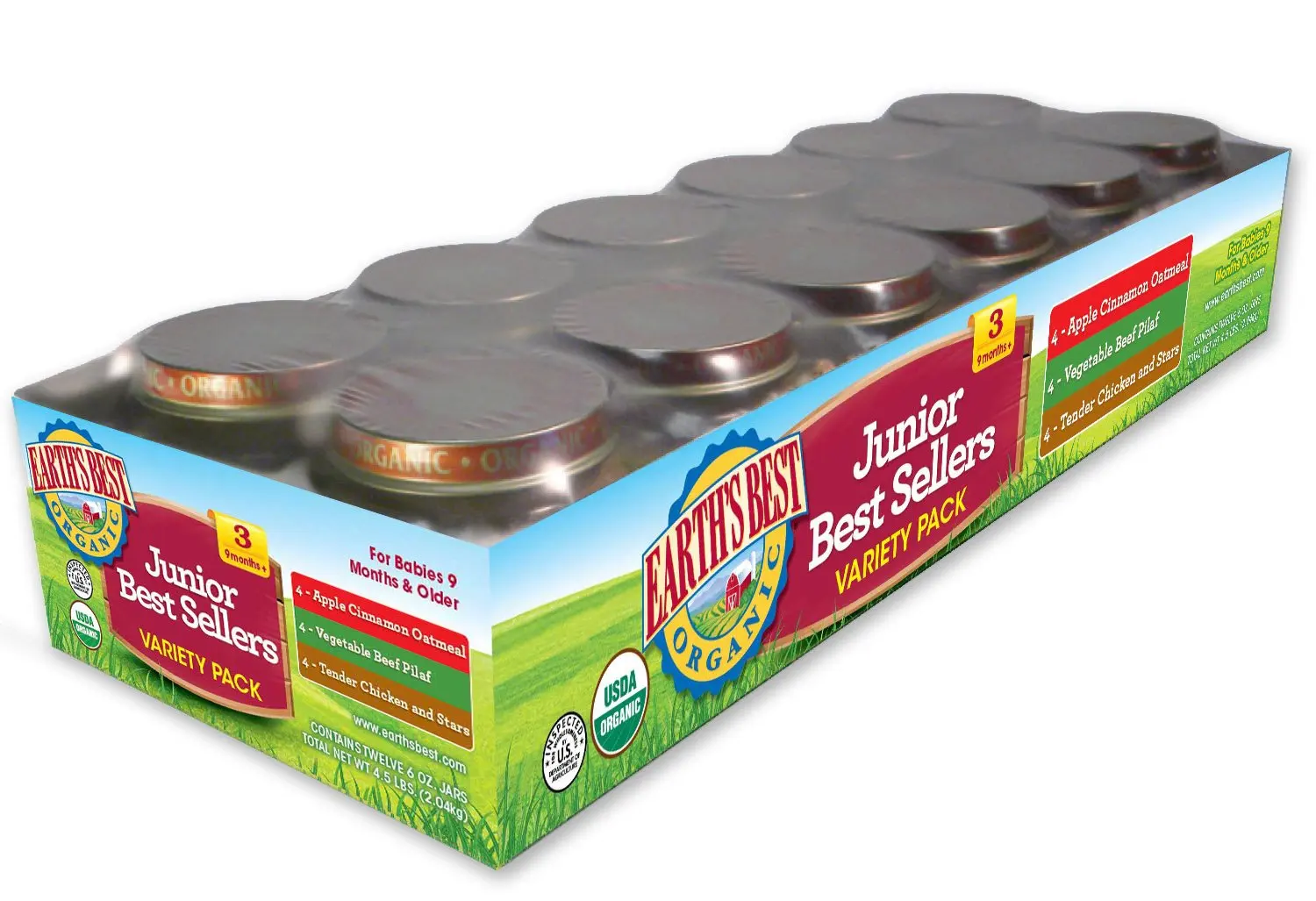 Earth's Best Organic Stage 3 Baby Food, Junior Best Sellers Variety Pack (Apple, Cinnamon & Oatmeal; Vegetable & Pilaf; Tender Chicken & Stars), 12 Count