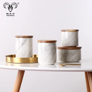Image of Decorative marble design decal white ceramic storage candle jar with bamboo lid