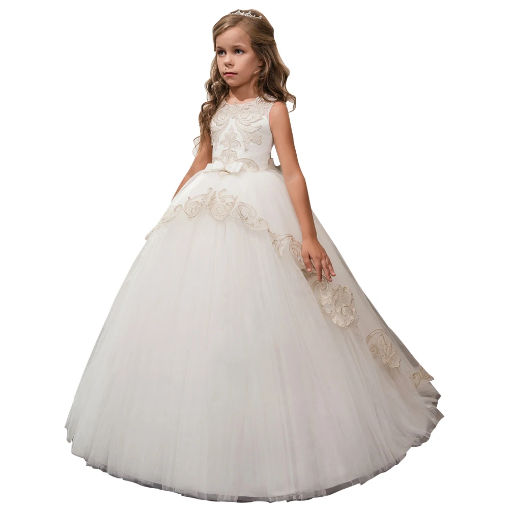

champagne little girls dress with bow ball gown first communion dresses laced flower girls dress cheap, Picture color;white;others