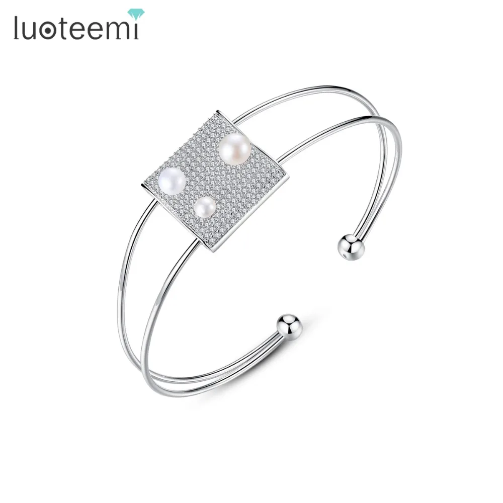 

LUOTEEMI Luxury White Gold Color Women Cubic Zirconia Micro Paved Free Szie Cuff Style Fashion Bangles, N/a