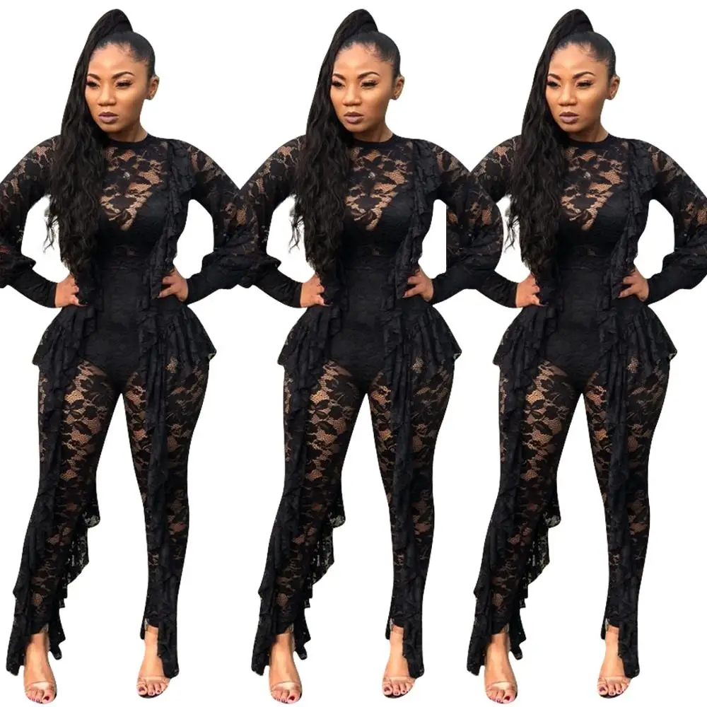 

YD8042 women sexy black lace transparent bodycon jumpsuit women