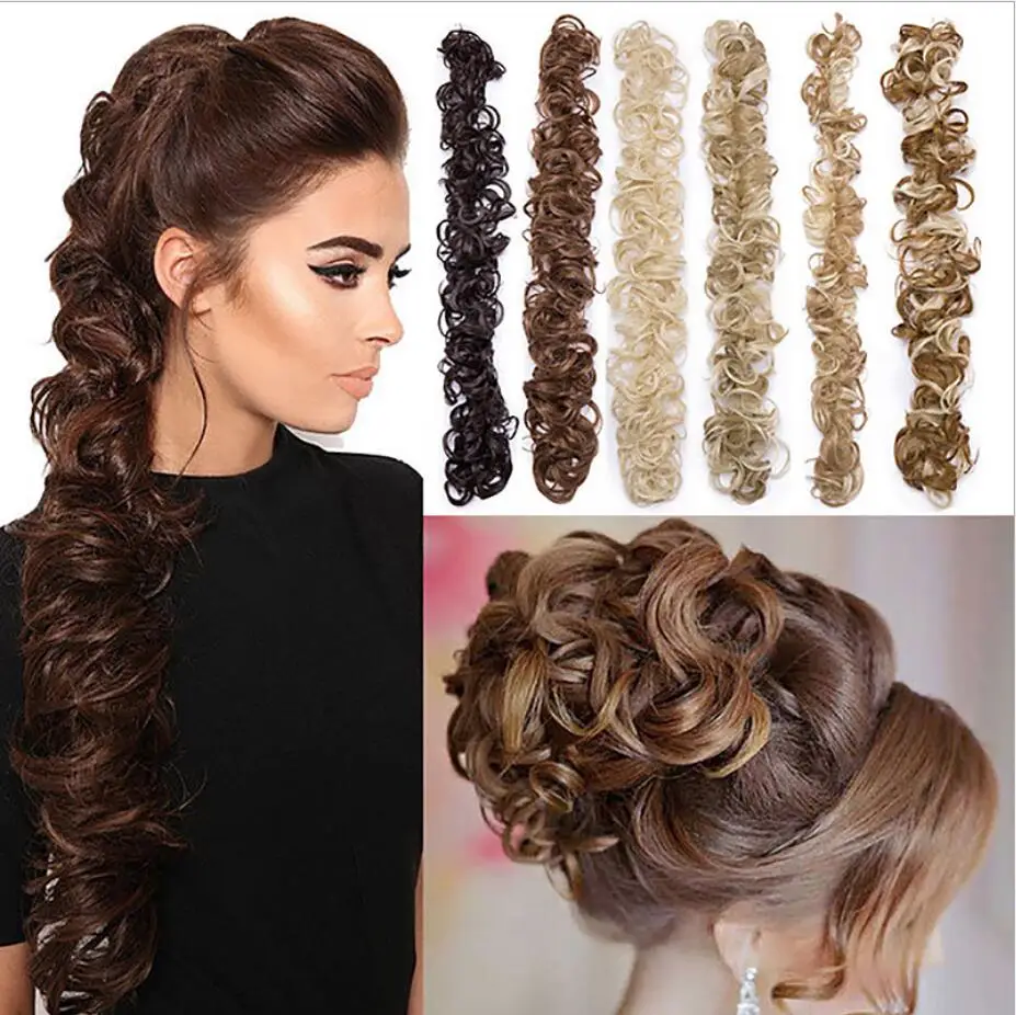 

Wrap Messy Hair Bun Extensions Wavy Curly Hair Donut Chignon Ponytail, Synthetic Hair Rope Elastic Band Updo