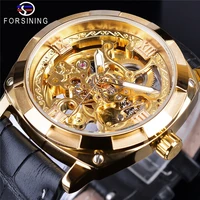 

Forsining 148 New Golden Skeleton Clock Mechanical Watches for Men Top Brand Luxury Black Genuine Leather Belt Luminous Hands