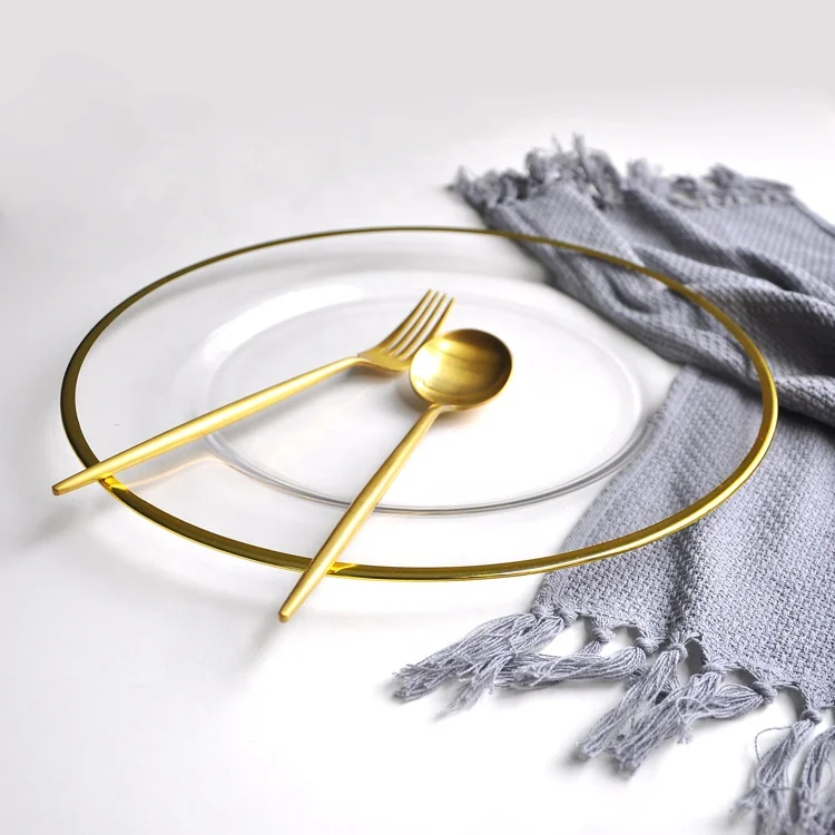 Gold rim glass charger plates wedding