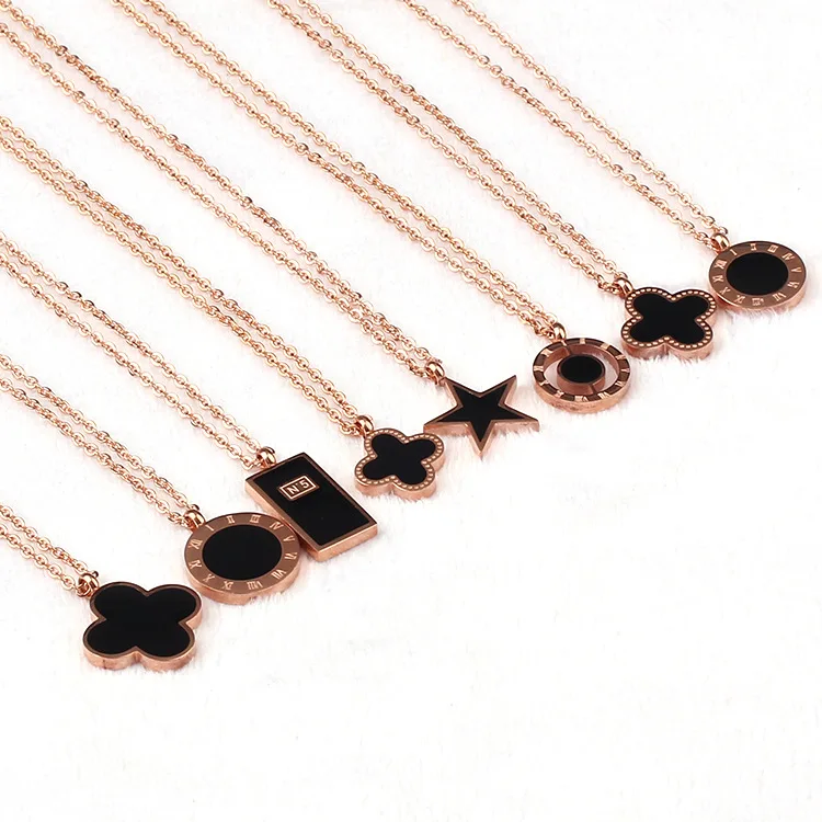 

dainty14k rose gold flour leaf clover titanium steel necklace female geometric rectangle star round roman numerals necklace, Picture