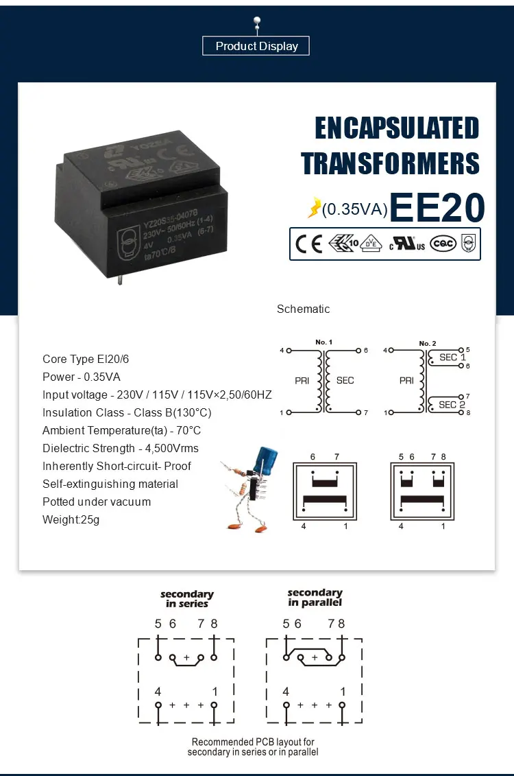 EE20/6 , 0.35VA CE ROHS UL VDE 220v 4v ac mini electric transformer