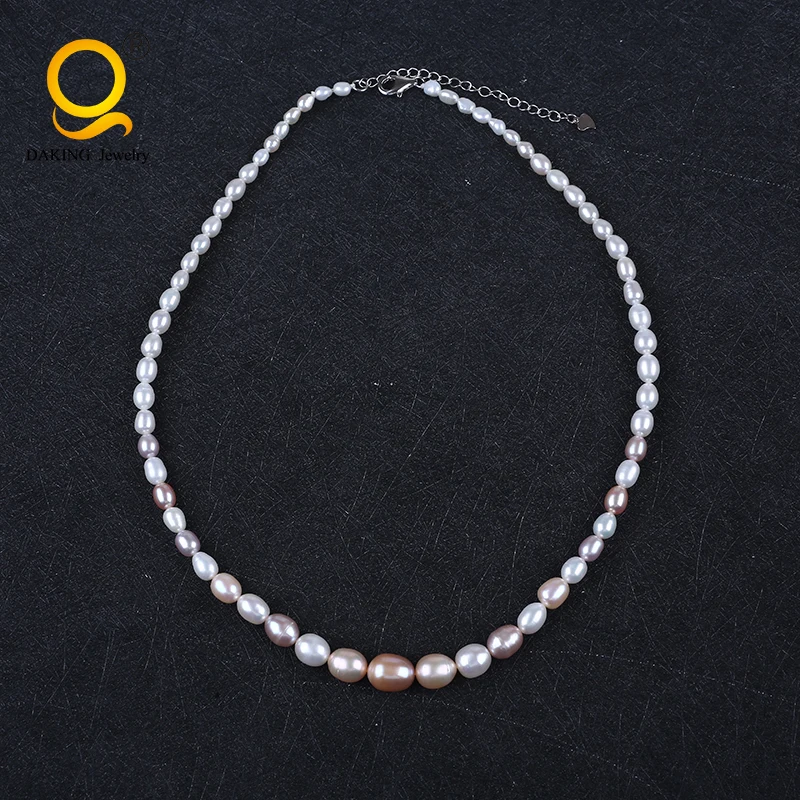 

4-9mm AA mixed color rice shape natural fine graduated pearl necklace, White,pink,purple