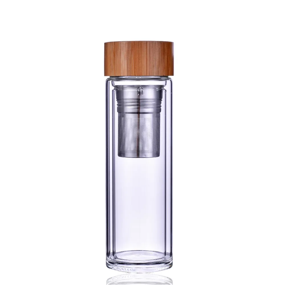 

500ml Borosilicate double wall glass infuser drinkware thermo drinks tea bottle WATER with bamboo lid, Transparent