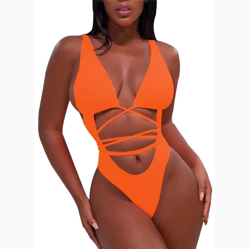

Women's One Piece Swimsuits Lace-up U Back Bathing Suit, Yellow;black;green;red custom pantone color