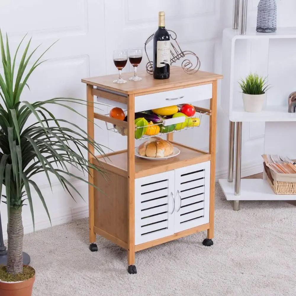 
Kitchen Cart Rolling Trolley Cart Island Bamboo Top With Storage Drawer Basket Cabinet Truck Kitchen 