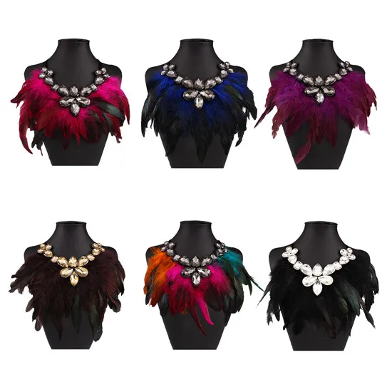 

Retro Purple Feathers Rhinestone Chunky Statement Bib Chocker Necklace, 6 colors