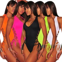 

Solid color high cut swimsuit beachwear bikini women sexy one piece thong swimwear