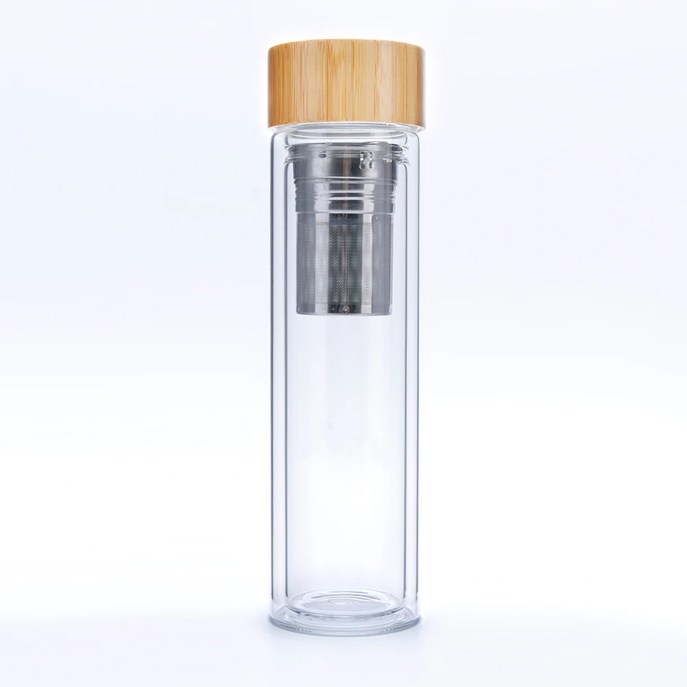 

OEM 500ml Reusable Private Label Tea Infuser Glass Water Bottle with Bamboo Lid