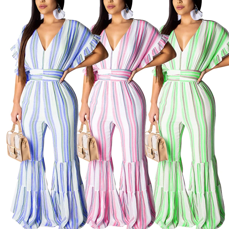 

Feelingirls Deep V Neck Ruffle Sleeves Waist High Sexy Women Jumpsuit Latest Design