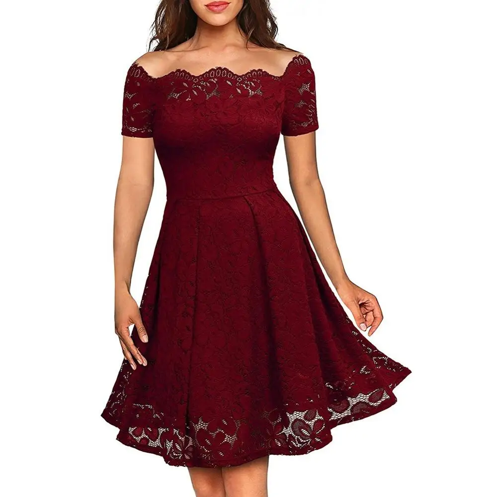 

Women Fashion Casual Lace Dress Ladies Fashion Sexy Strapless Short Sleeve Lace Dress Plus Size