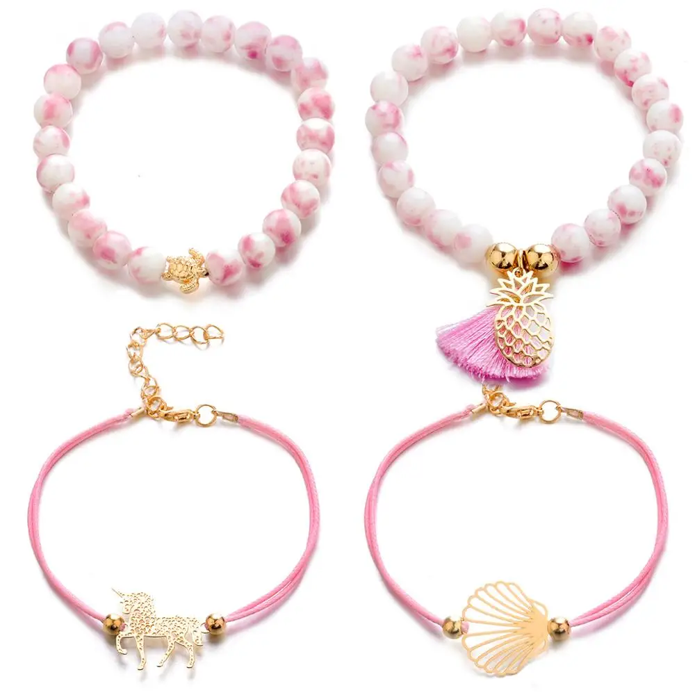 

fashion 2019 4pcs/set pink horse shell tortoise pineapple tassel bracelet set for women