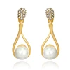 DRER-001 Women Gold Plated Rhinestone Paved Hollow Out Teardrop Metal Drop Earrings with Round Smooth Pearls