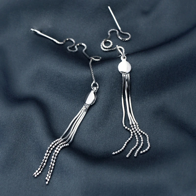 

Round Coin Long Chain Tassel 925 Sterling Silver Drop Earrings