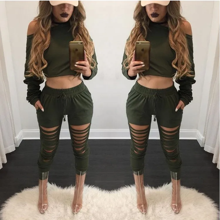 

Women Sexy Two Piece Set Tracksuit Top And hole Pants Ladies, As picture