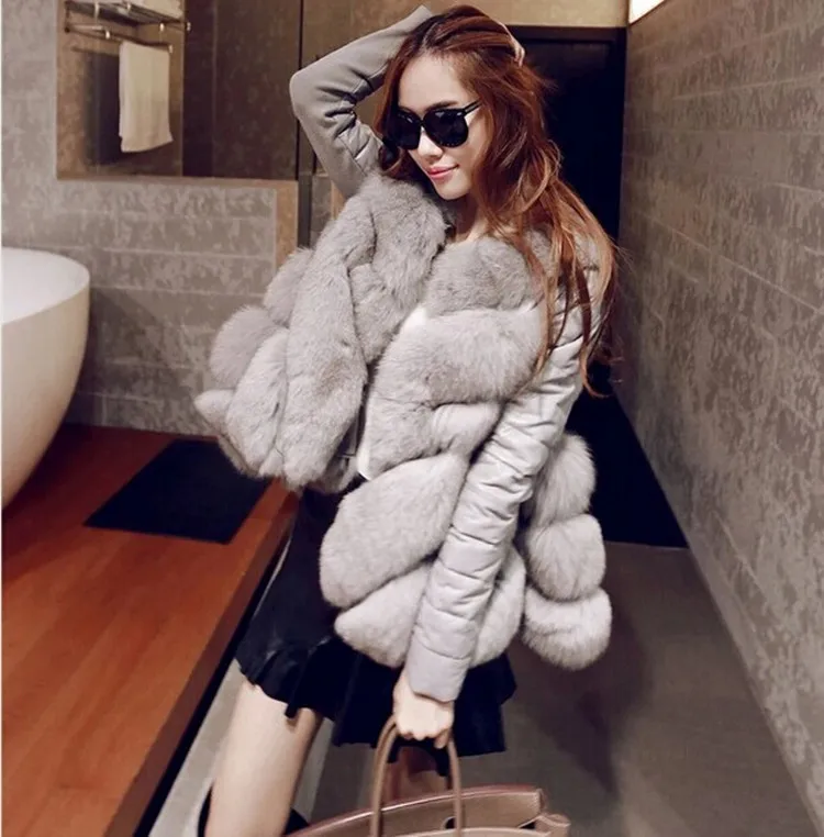 2015 font b winter b font plus size one piece fur outerwear female medium long fox