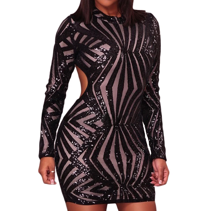 

Hot Sale Sexy Champagne Sequin Detail Open Back Party Woman Club Dress, As shown