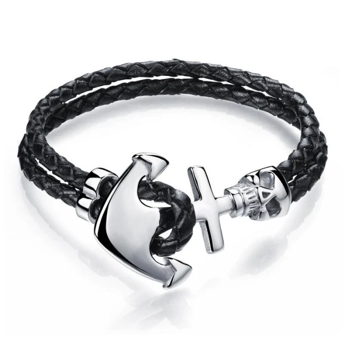 

Braided Two Layer Stainless Steel Black Leather Anchor Bracelet