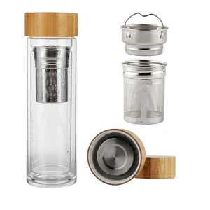 Image of Glass Tumblerml Natural Bamboo and Tempered Glass Travel Bottle Hot and Cold Tea Infuser Fruit Infused Bottle