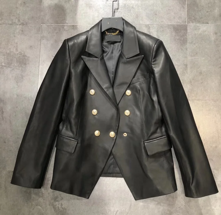 

2020 New Casual Design Spring Double Breasted Lambskin Short Jacket Wholesale Women Elegant Black Real Leather Slim Fit Blazer, As photo or customized