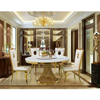 Luxury Gold Base Round Marble Dining Table Top Rotating Product On