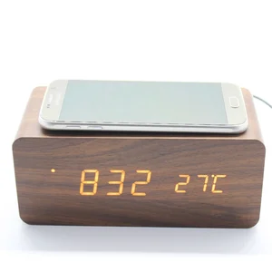 Wooden LED Alarm Clock QI Wireless Mobile Charger