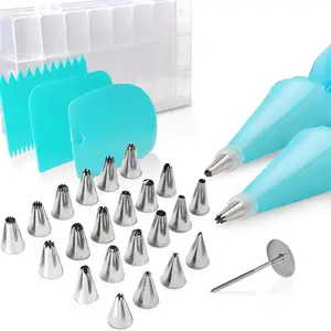 Image of 32 PCS Baking Set include Stainless Steel Cake DecoratingTips & Nozzles Silicone Piping Decorating Bag Coupler Flower Nails