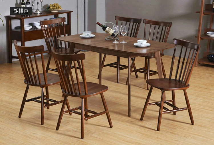 Walnut color dining room set modern dining table with 6 Windsor chair