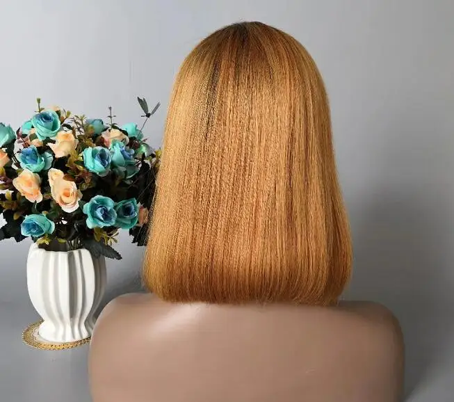 

1B/27 brown silky straight short blunt neat sharp cut BOB remy human hair short front lace/full lace wig