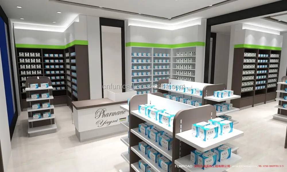 Pharmacy store cosmetic shelf medical store counter design