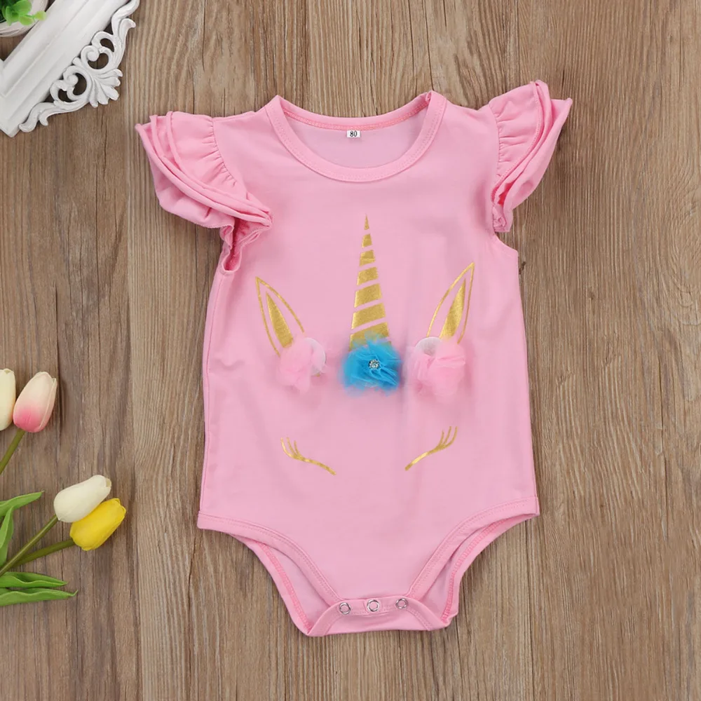

XL0055 Baby One-piece Summer Baby Girl Fleck Printed Rompers Unicorn Flying Sleeves, Picture