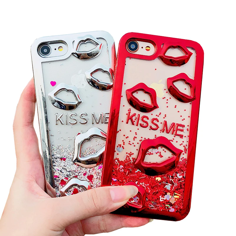 

For iPhone XS max Electroplate lips Dynamic Liquid Quicksand Phone Case For iphone 7 plus Case for iphone 8 Back Cases, Red;rose;gold;silver