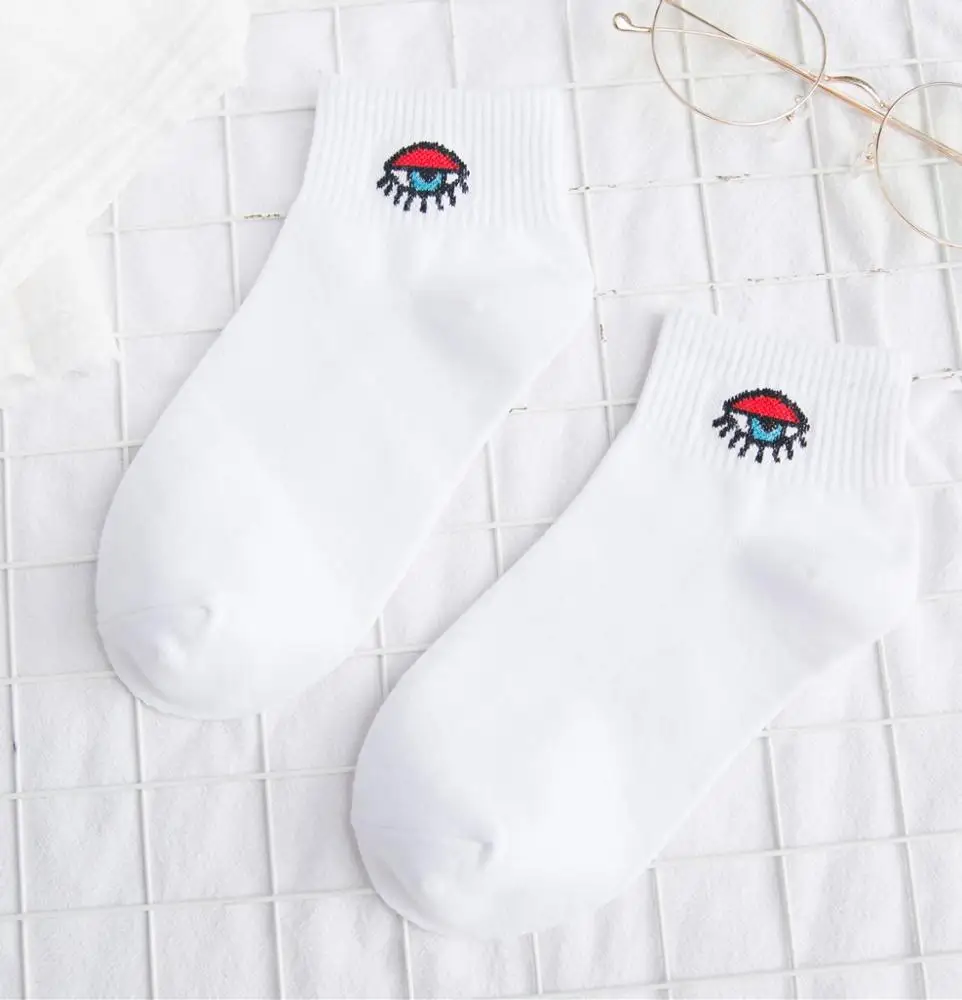 
Embroidery Eye Socks White Meias Socks Women Ankle  (60794525196)
