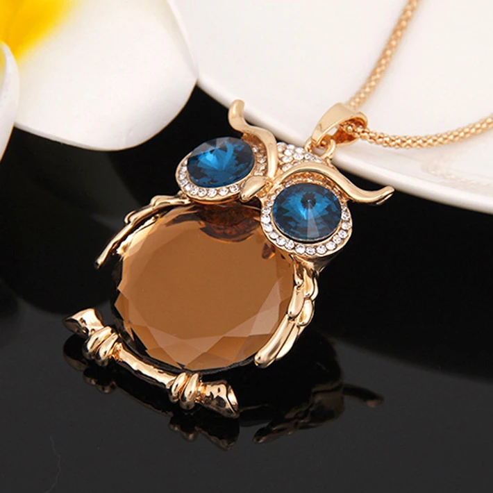 

Jewelry Clothing Accessories Drop Shipping Women Sweater Chain Necklace ,Owl Design Rhinestones Crystal Pendant Necklaces, Silver, golden,tri color, tri color with zircon
