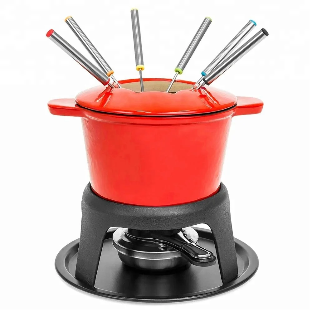 
Fondue Set with 6 Forks Stylish Cast Iron Porcelain Enamel Pot Makes All Styles of Fondue Such as Cheese and Chocolate 63 fl oz 