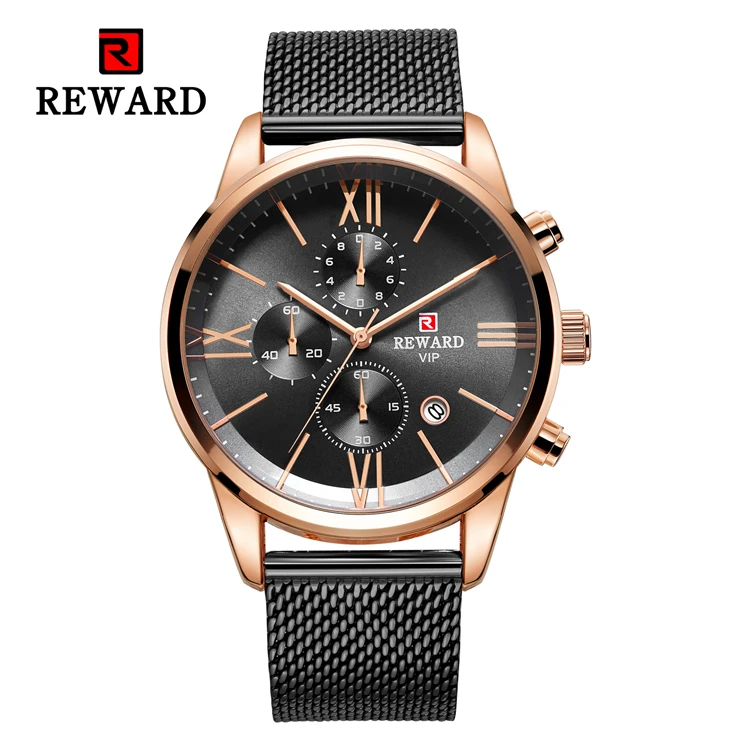 

REWARD RD82006M Men's Business Watch Golden Waterproof Full Steel Mesh Chronograph Wrist Watches Men Fashion Quartz Wristwatch